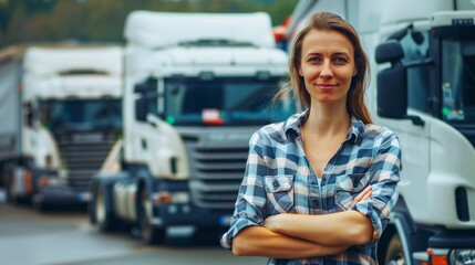 A confident woman in a plaid shirt stands with arms crossed in front of a row of parked trucks, symbolizing trucking, logistics, and female empowerment in a male-dominated industry.