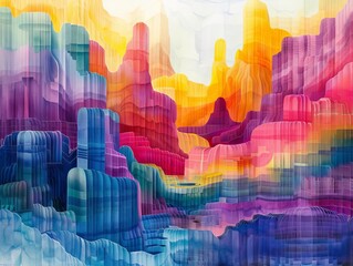 A surreal landscape made of flowing line graphs and histograms, painted in bright watercolor tones, fantasy meets data.