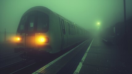 Naklejka premium Dimly lit train platform with a single subway car waiting under fluorescent lights