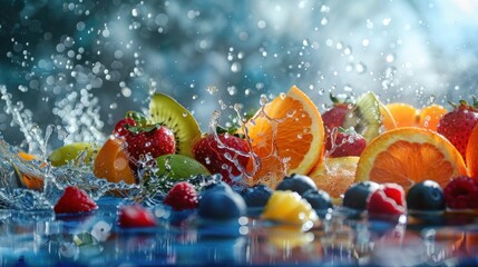 Fruits and water splashes