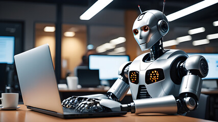 Fototapeta premium Robot working at the computer. office worker robot, Generative AI