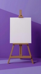 An easel with a white canvas on a stretcher stands in a clean purple blue room