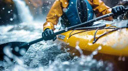 Close-up of a person kayaking in rough waters near a waterfall, wearing orange waterproof gear and using a paddle to navigate through splashing waves.