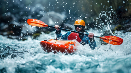 Naklejka premium A kayaker navigates through turbulent whitewater rapids, splashing water around. They are wearing a helmet, sunglasses, and protective gear, focused on maintaining control.