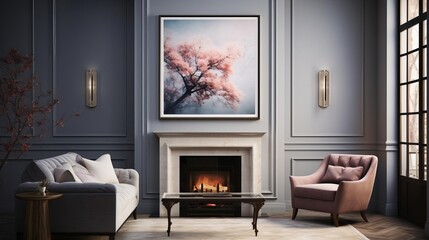 Fototapeta premium An elegant living room setting featuring a blank wall above a vintage fireplace, perfect for envisioning mantel art displays or sophisticated home decor