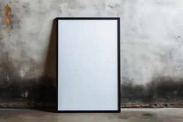 Closeup of a blank poster frame with a sleek black border, against a textured concrete background, suitable for edgy, modern graphic displays