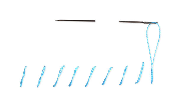 Sewing needle with thread and stitches isolated on white