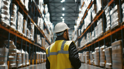 A worker in a high-visibility vest and hard hat inspects a large warehouse filled with shelves of stacked goods, illustrating industrial logistics and inventory management.