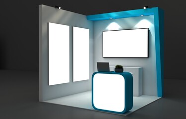 Empty stand or booth in a tradeshow. 3d render exhibition mockup. Virtual exhibition. Exhibition blue stand mockup and flat used for branding and Corporate identity.	