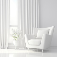 white room with white floor with white wall and white curtains on the window