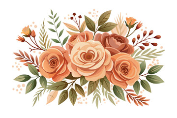 Peach roses and leaves Watercolor floral arrangements vector illustration 
