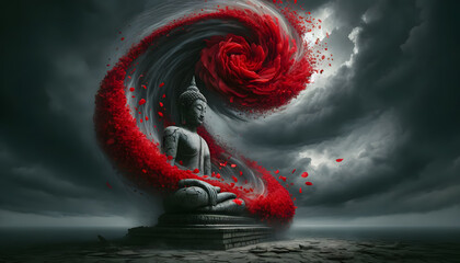 a vivid red rose disintegrating into petals swirling around an ancient Buddha statue, illustrating the concept of impermanence with dramatic flair.
