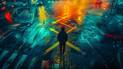 A person standing at an intersection with multiple yellow arrows pointing in different directions, representing the feeling of lost and confused.