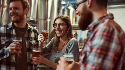Group of friends enjoying craft beer in a brewery, sharing laughs and drinks while standing next to brewing equipment.