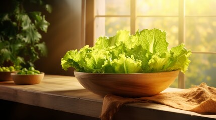 Kitchen background with fresh lettuce in the bowl and sunshine