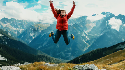 A joyous individual in a red jacket leaps high with arms outstretched against a stunning mountain landscape, emphasizing adventure and freedom.