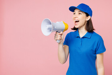 Delivery girl employee woman wear blue cap t-shirt uniform workwear work as dealer courier hold...