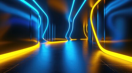 The corridor with neon-lit glow blue and yellow lights on a dark concrete floor. 3D illustration abstract background