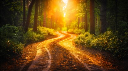 Obraz premium Winding forest road leading to a bright light, symbolizing hope and new beginnings. The road winds through the forest towards a bright light
