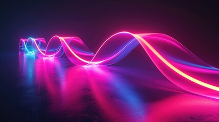 Futuristic fluorescent ribbons of light in pink and blue with dynamic waves on a dark concrete surface against a dark backdrop. 3D design desktop background