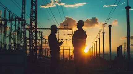 Silhouettes of two engineers standing at a power station, discussing plans, industrial, pollution, factory, environment, smoke, sky, ecology, plant, steam