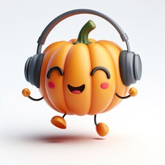 cute 3D funny cartoon Pumpkin with small wireless headphone on head smiling and dancing, white background