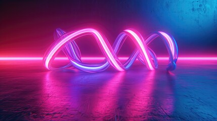 Modern neon infinity shaped design with glowing in fluorescent pink and blue against a dark background. 3D design wallpaper background