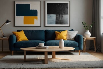 Scandinavian home interior design of modern living room. Ellipse coffee table near blue sofa with yellow pillows against wall with abstract poster frame.