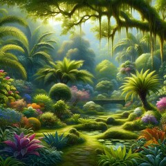 Obraz premium Lush, botanical garden, filled with exotic plants, landscape painting