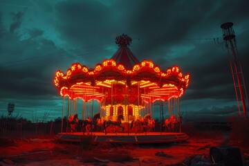 The enchanting and mysterious carousel at twilight with glowing lights and surreal atmosphere in an abandoned fairground. Evoking nostalgia and fantasy from childhood in a moody. Spooky