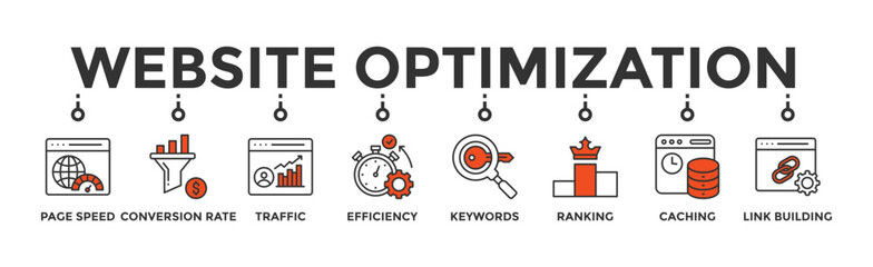 Website optimization banner web icon vector illustration concept with icon of page speed, conversion rate, website traffic, efficiency, keywords, ranking, caching, link building © Dawiyyah