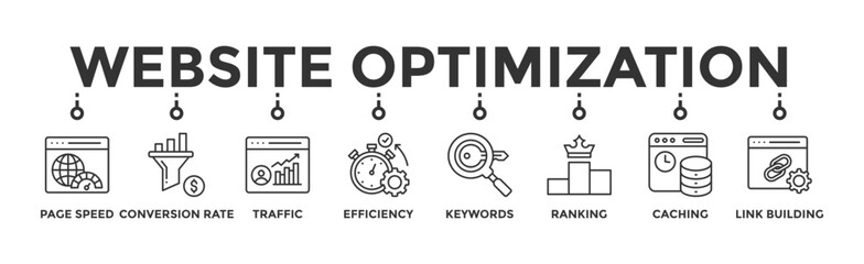 Website optimization banner web icon vector illustration concept with icon of page speed, conversion rate, website traffic, efficiency, keywords, ranking, caching, link building © Dawiyyah