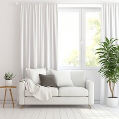 Fototapeta premium white room with white floor with white wall and white curtains on the window