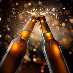 Two beer bottles in cheers gesture, splashing out. Dark cozy pub background.