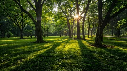 Fototapeta premium Lush green forest with dappled sunlight cascading through the dense foliage,creating a serene and