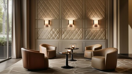 Modern interior design,wall made of quilted pattern leather panels,luxury lounge,warm tone.