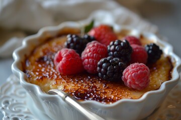 Elegant dessert of creme brulee topped with raspberries and blackberries