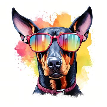 recommend clip art: Doberman Pinscher. Cool Dog. Dobie. Doberman clipart. Watercolor illustration. Generative AI. Detailed illustration.