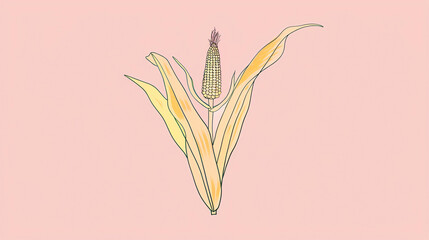 A simple illustration of a corn plant with a single ear of corn. The plant is green and the corn is yellow. The background is a light pink color.
