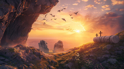 Easter Religious concept: Empty tomb, jesus, Cross and Mountain