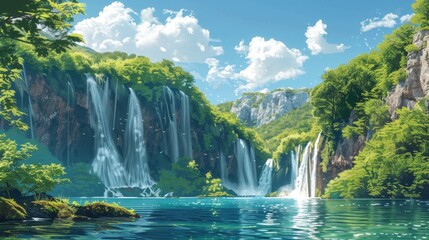 Obraz premium Minimalist Illustration of Plitvice Lakes National Park