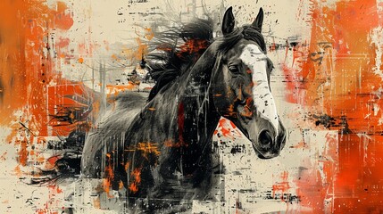 A beautiful painting of a horse running through an orange field.