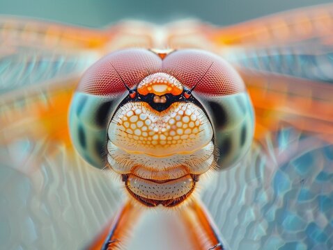 An extreme close up of a dragonfly's face