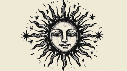 The image is a black and white drawing of the sun with a human face. The sun has a serene expression on its face and is surrounded by stars.