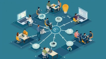 A diverse group of individuals sit around a rectangular table, each engrossed in their own laptop screen. They appear focused and engaged in their work or discussions.