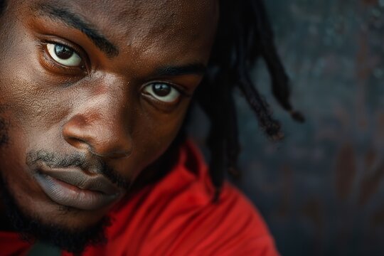 A man with dreadlocks wearing a red shirt