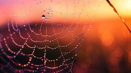 Delicate and detailed close-up of a spider web covered in morning dew against a vibrant orange sunrise.