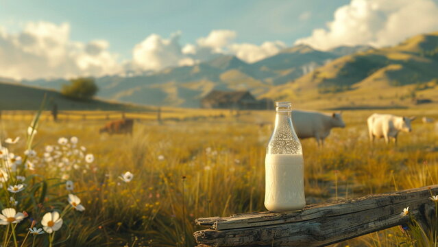 fresh milk in a 1 liter glass bottle, stored on a wooden table, looks so fresh against the background of a green agricultural desert with several cows, really an amazing sight
