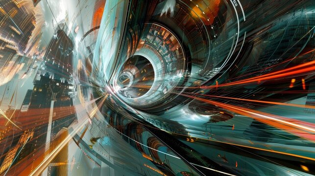 Explore the fusion of futuristic digital architecture with abstract expressionism