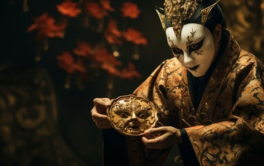 A woman in traditional Chinese opera costume holding a mask in her hands